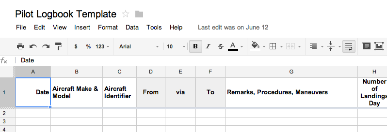 Pilot Logbook Google Sheets template screenshot